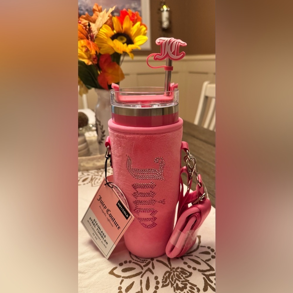Juicy Couture Pink Rhinestone Tumbler with Velour Crossbody Pouch Strap